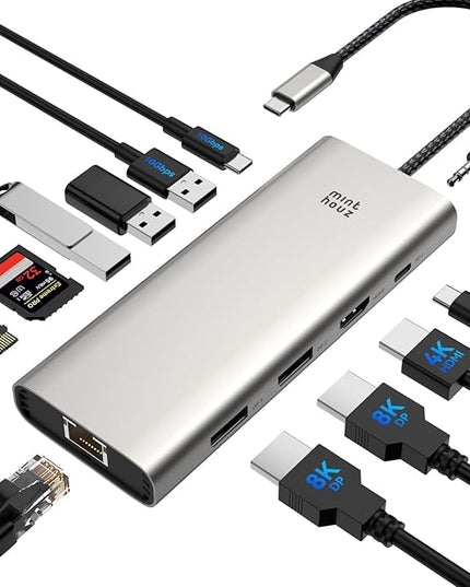 USB C Docking Station Dual Monitor Adapter,Minthouz Displayport Docking Station with Dual DP,USB Hub 4K HDMI,100W PD in,10Gbps USB A/C,2.5G Ethernet Port for for Windows & Mac and More