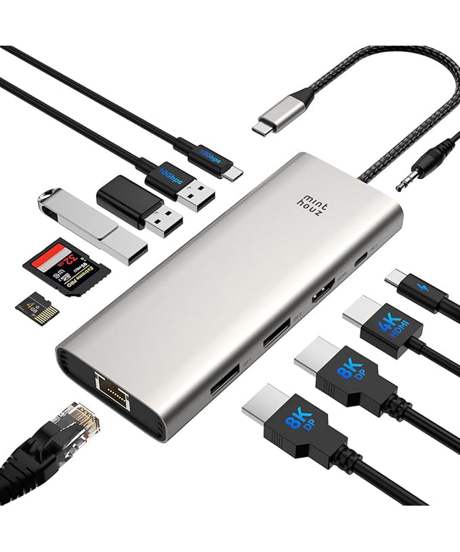 USB C Docking Station Dual Monitor Adapter,Minthouz Displayport Docking Station with Dual DP,USB Hub 4K HDMI,100W PD in,10Gbps USB A/C,2.5G Ethernet Port for for Windows & Mac and More