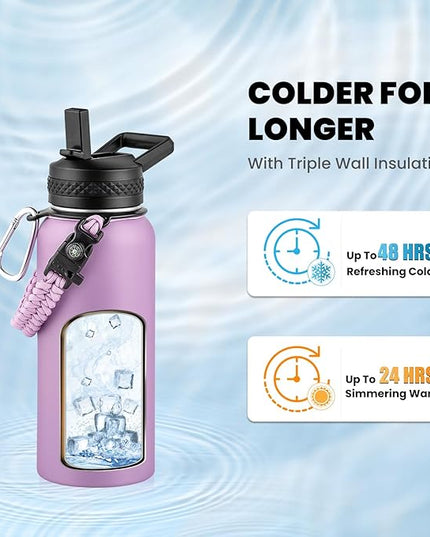 Insulated Water Bottle 32 oz, Triple Wall Vacuum Stainless Steel (Cold for 48 Hrs), Leak Proof & Non-BPA, Modern Water Flask Jug with Paracord Handle & Straw Spout Lids, Lilac