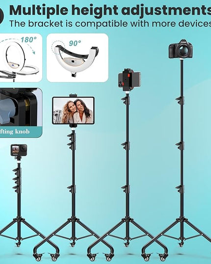 MACTREM 22" Foldable Ring Light with Stand for iPhone ipad, 75" Tripod with Wheels 50W 6500K LED Display/2 USB Ports Large Ringlight Rolling, Tattoo Barber Makeup Studio Video Photography Lighting