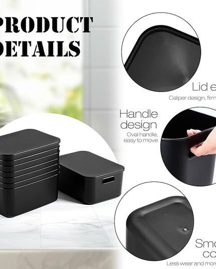 Hoolerry 8 Pieces Colorful Storage Bins with Lid, Plastic Storage Basket Organizing Container Stackable Box with Handle for Shelves Desktop Playroom Office(13.8 x 9.8 x 5.9 Inch,Black)
