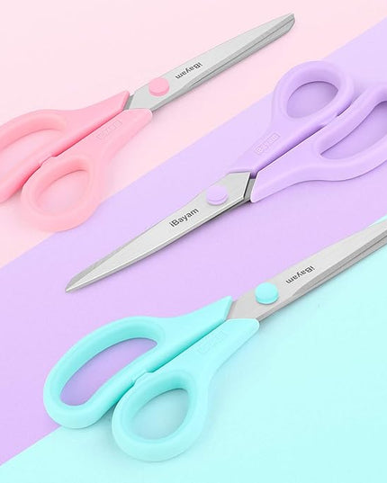 Scissors, iBayam 8" All Purpose Scissors Bulk 3-Pack, Ultra Sharp 2.5mm Thick Blade Shears Comfort-Grip for Aesthetic Fun Cute School Office Teacher Desk Crafts and Art Supplies Accessories Essential