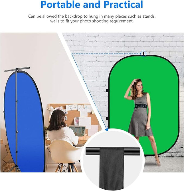 5X 6.5ft Portable Green Screen Backdrop Double-Sided 2-in-1 Blue Screen Pop Up Chromakey Backdrops Collapsible and Reversible Background for Photography,Live Streaming,5’×6.6’/1.5×2m