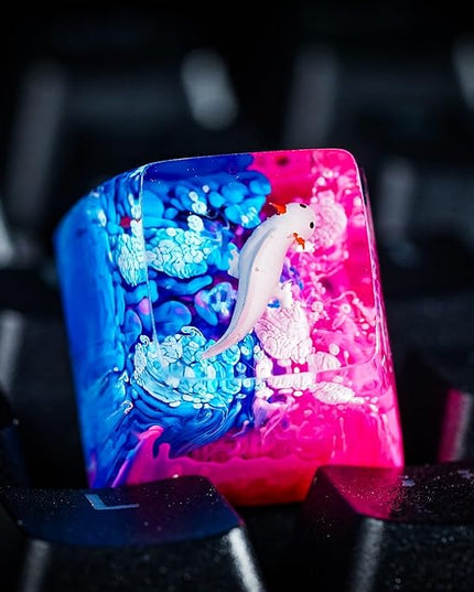 Cute Axolotl in Pink and Blue Ocean Coral Artisan Keycap R1 SA Profile Custom Animal Keycaps 1U ESC Handmade Gaming Resin Key Cap Cherry MX Switch Compatible Mechanical Keyboard Axolotl Lover Gift