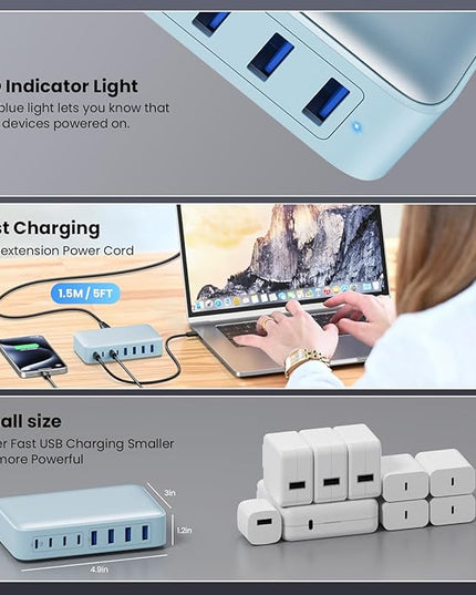 USB C Charger 200W USB C Charger Block,Upgraded GaN III 8-Port Fast Charging Station Hub,PD 65W Laptop Charging Adapter Compatible with MacBook Pro/Air,DELL,Steam Deck,iPhone 16/15/14,Galaxy S23/22