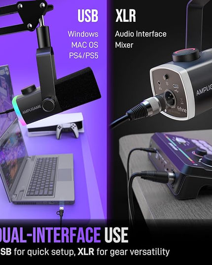 FIFINE Gaming Microphone Kit, XLR/USB Dynamic PC Microphone with Boom Arm for Podcast Recording, RGB Streaming Mic Set, Tap-to-Mute, Mix Control, Headphone Jack-AmpliGame AM8PROT