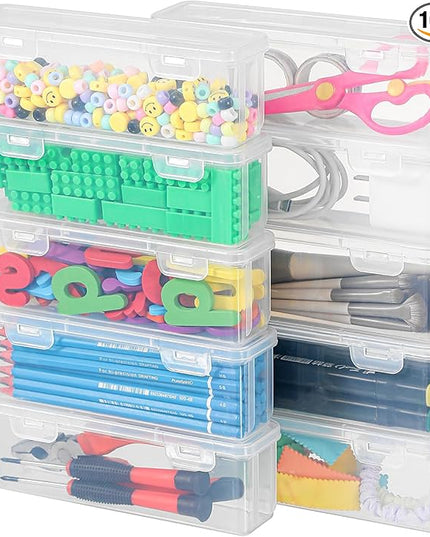 10 Pack Clear Plastic Pencil Case Boxes - Narrow Stackable Storage Organizers with Snap Lids for Pens, Markers, Makeup Brushes, Art Supplies, Beads, Jewelry, School Office Use, Rectangular Narrow