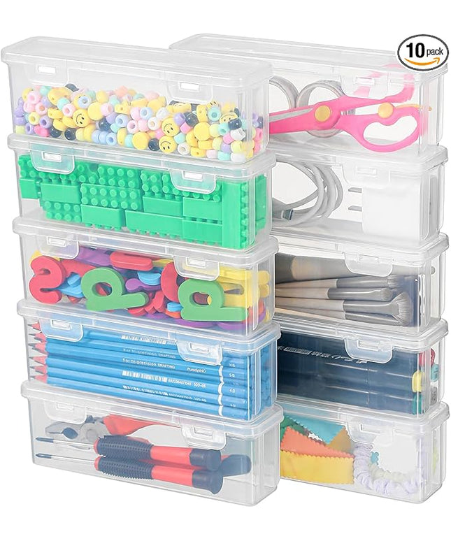 10 Pack Clear Plastic Pencil Case Boxes - Narrow Stackable Storage Organizers with Snap Lids for Pens, Markers, Makeup Brushes, Art Supplies, Beads, Jewelry, School Office Use, Rectangular Narrow