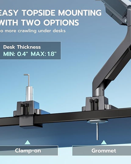 ARES WING Single Monitor Arm, Heavy Duty Adjustable Monitor Arm for 13"-49" Screens with USB, Gas Spring Desk Mount Stand with C Clamp/Grommet Mounting Base up to 40lbs Computer, Gray