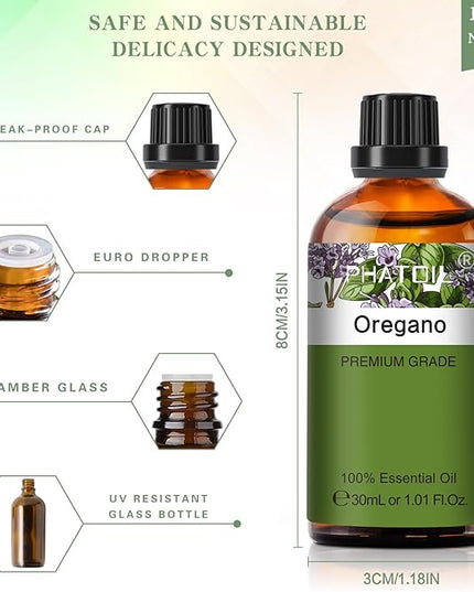 Oregano 1.01fl.oz Essential Oil, PHATOIL Pure Aromatherapy Oils for Diffuser, Humidifier, Perfect for DIY Soap, Candle, Bath Bombs Making(30ml)