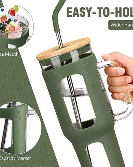 Glass Tumbler with Lid and Straw, 46 oz Iced Coffee Cup with Handle, Large Water Bottles with Silicone Sleeve, Glass Cup with Straws - Pearl Straw & Drinking Straw BPA Free-Olive