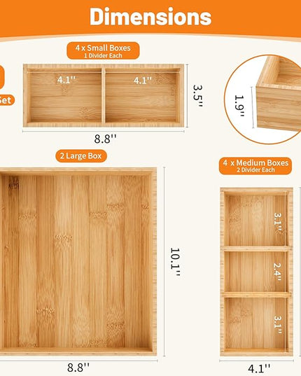 SpaceWhisper Bamboo Drawer Organizer, 10-Piece Drawer Divider with Removable Dividers for Organization and Storage, Multi-Use Stackable Storage Box & Utensil Holder for Kitchen, Office, Makeup & More