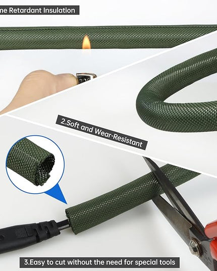 YOUBO Split Braided Cable Sleeve，Flexible Wire Loom Tubing, Automotive Cord Protector Pet Proof, Cable Management for Computer TV Electric Wires Harness 16ft (Dark Green, 13mm（1/2")