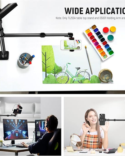 NEEWER TL253A+DS001 Table Camera Tripod with 2 Telescopic Arms, Phone Holder, Ball Heads, Screw Adapter, Table Light Stand for Camera, Mobile Phone, Webcam, Ring Light