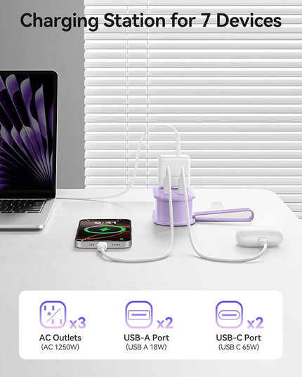 ORICO 65W USB Travel Power Strip, 7 in 1 Charging Station with 3AC, 2 USB-A, 2 USB-C, Flat Plug and 4ft Thin Extension Cord, Fast Charger for MacBook, iPad, iPhone 17/16/15 - TK65