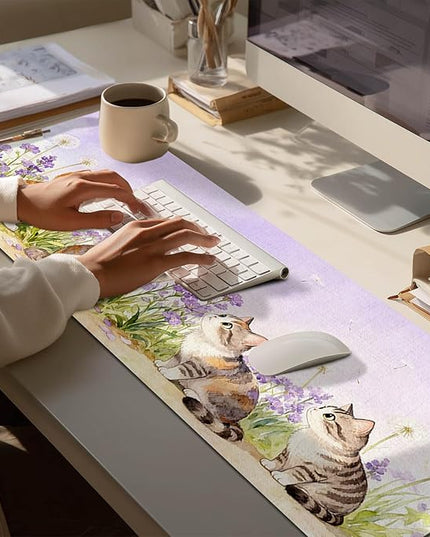 XL Mouse Pad Gaming Mousepad 31.5 x 11.8 Inch Large Keyboard Desktop Mat Diatomite Mouse Pad for Home and Office Desk Accessories with Watercolor Cat Lavender Meadow Artwork