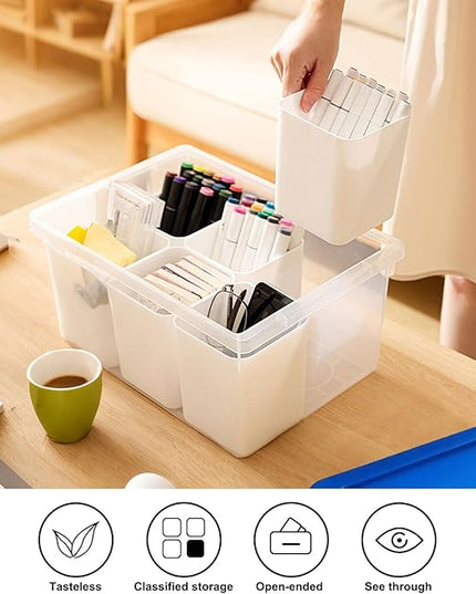 loobuu Plastic Storage Bins with Lids, Art Craft Supply Organizer Box with Brush Pot, Multipurpose Stackable Storage Containers for Organizing Tool, Craft, Crayon,Sewing (Blue)