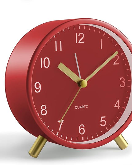 Analog Alarm Clock, 4 inch Super Silent Non Ticking Small Clock with Night Light, Battery Operated, Simple Design, easy setting for Office, Bedroom, Bedside, Desk, teens, elders, kids, adult, Red