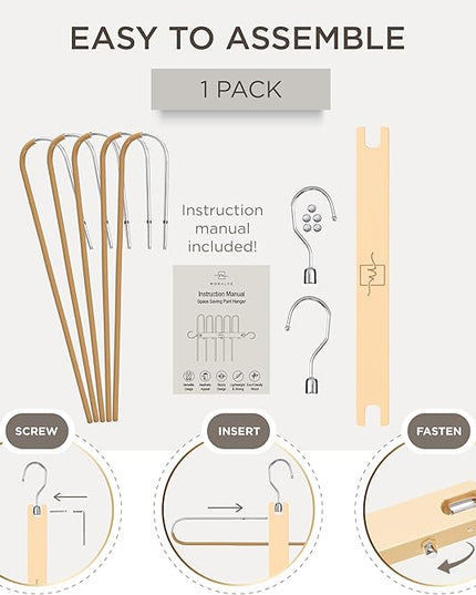 MORALVE Pants Hangers Space Saving - European Beechwood Scarf and Jean Hangers - Closet Organizer and Space Saver Pant Rack, Leggings Hanger, and Scarf Holder with 360° Swivel Hook (1 Pack)