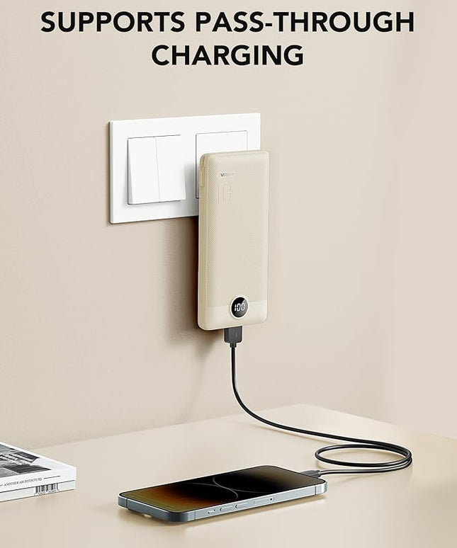 Portable Charger Built-in Cables and AC Wall Plug, USB C Power Bank 10000mAh, Travel Battery Portable Phone Charger Compact Lightweight External Battery Pack for Smart Phones, Tablets etc-Light Coffee