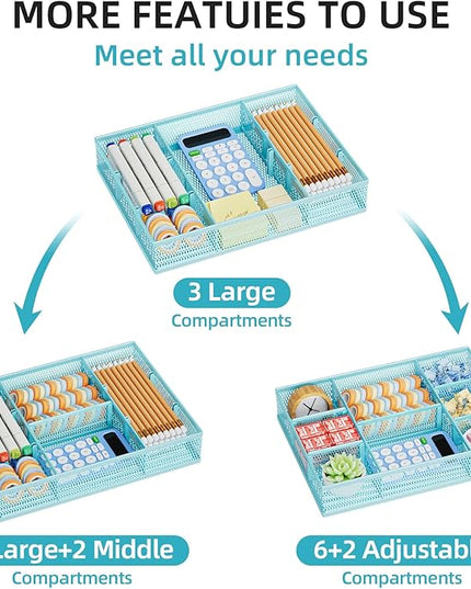 Marbrasse 2 Pack Desk Drawer Organizer, Mesh Drawer Organizer Tray with 8 Adjustable Compartments, Desk Organizers and Accessories, 5 Dividers Drawer for Office Supplies, Makeup & Vanity (Blue)