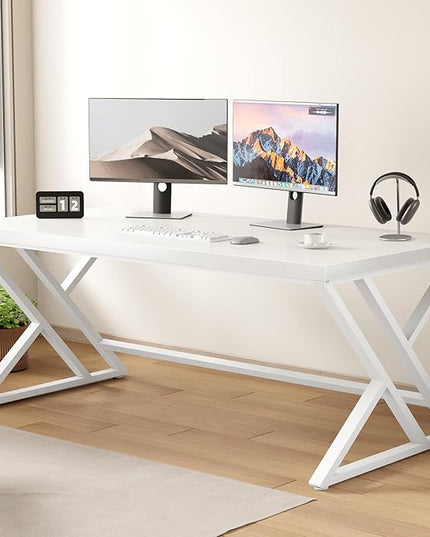 LVB Modern White Computer Desk, Long Industrial Home Office Desk for Student, Large Metal Wood Writing Study Work Desk, Farmhouse Executive Gaming Computer Table for Bedroom Living Room, White, 60 in