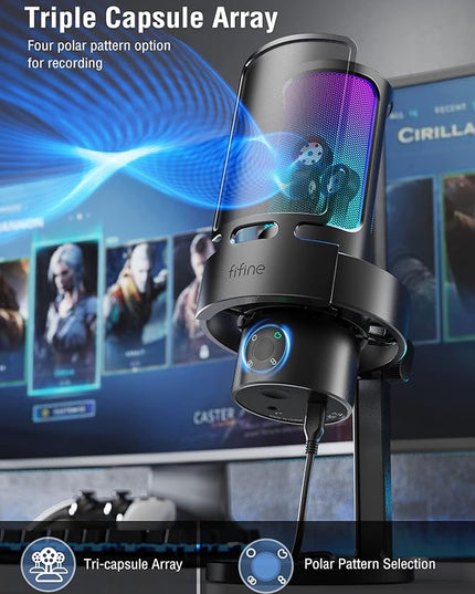 FIFINE Gaming USB Microphone, PC Computer Mic with 4 Polar Patterns for Podcast Streaming Recording YouTube, RGB Condenser Desktop Mic for Windows, Mac, with Headphone Jack-AmpliGame A8 Plus