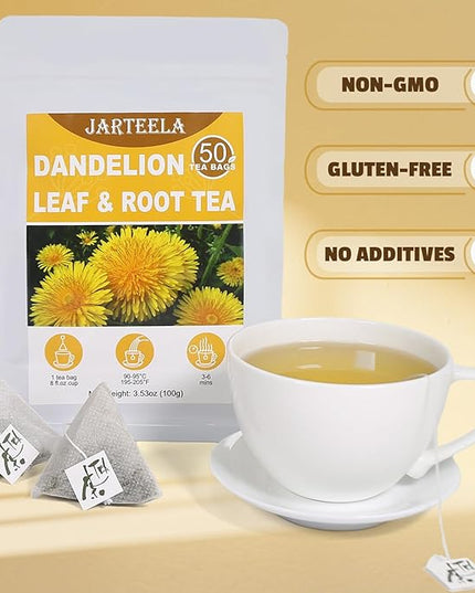 Jarteela - Dandelion Leaf & Root Tea Bags - 2g x 50 Count - Premium Dandelion Tea - Non-GMO - Caffeine-Free - Support Kidney Health & Enhance Immune System
