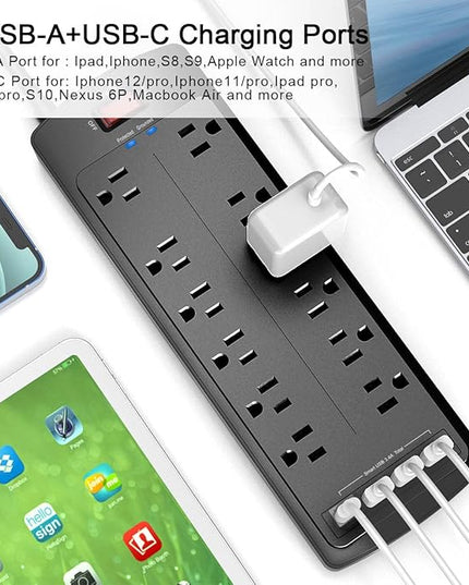 Power Strip, Nuetsa Surge Protector with 12 Outlets and 4 USB Ports, 6 Feet Flat Plug Extension Cord (1875W/15A) for for Home, Office, Dorm Essentials, 2700 Joules, ETL Listed (Black)