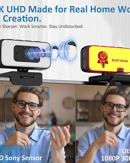 4K Webcam for PC & Laptop, Webcam for Mac –AI PDAF AutoFocus Streaming Camera for Computer, One-Touch Mute, Busy Now Do Not Disturb Light, Adjustable Fill Light, Privacy Cover for Remote Work