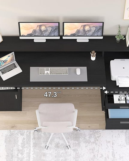 Computer Desk with 3 Drawer & Storage Shelves, Home Office Desk with File Drawer & Cabinet, Writing Study Table with Long Monitor Stand & Printer Shelf, Executive Desk, Black