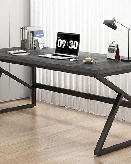 HSH Extra Long Computer Desk, Industrial Metal Wood Home Office Desk, Large PC Laptop Table for 2 Person Executive Writing Work Study Gaming, Bedroom Living Room Dual Monitor Desk, Dark Gray, 70 Inch