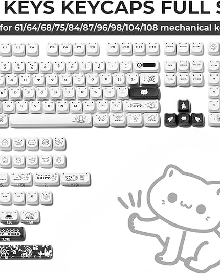 XVX Cute Cat Keycaps, Mao Profile White PBT Keycaps, 143 Keys Meow Meow Keyboard Keycap Sets Compatible with 65% 75% 96% 100% Cherry Gateron MX Switches Mechanical Gaming Keyboard