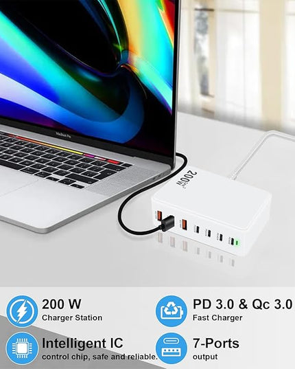 USB C Charger Block 200W 7 Port GaN Fast Charging Block Station, Multiport PD QC3.0 Brick Hub Compatible with Laptop MacBook Pro/Air, iPad, iPhone 17/16/15, Galaxy S23/22, DELL, Steam Deck(White)