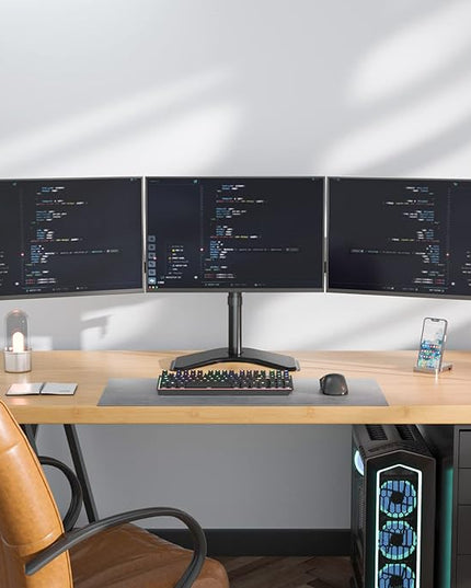 WALI Triple Monitor Stand, Free Standing Three LCD Monitor Fully Adjustable Desk Mount Fits 3 Screens up to 27 inch, 22 lbs Weight Capacity per Arm (MF003), Black