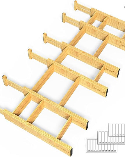 SpaceAid Bamboo Drawer Dividers with Inserts and Labels, Kitchen Adjustable Drawer Organizers, Expandable Organization for Home, Office, Dressers and Bathroom, 6 Dividers with 12 Inserts (13.25-17 in)