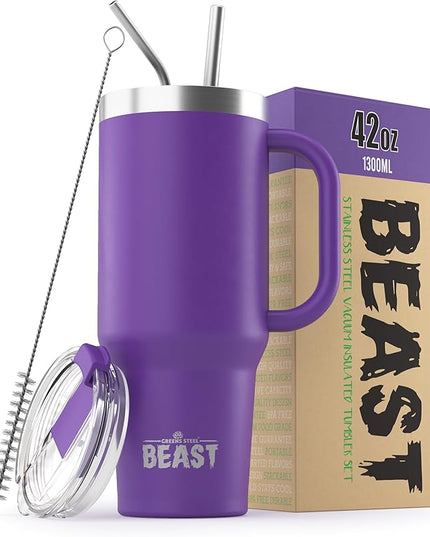 Beast 42 oz Tumbler with Handle Stainless Steel Vacuum Insulated Coffee Ice Cup Double Wall Travel Flask (Deep Purple)