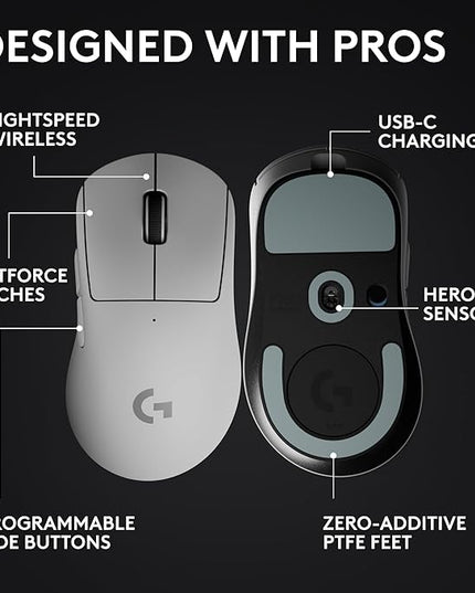 Logitech G PRO X Superlight 2 DEX Wireless Gaming Mouse, 60g pro-Grade Right-Handed Mouse with 5 programmable Buttons, USB-C Charging, 44k DPI Sensor, up to 8 kHz Polling for PC/Mac - White