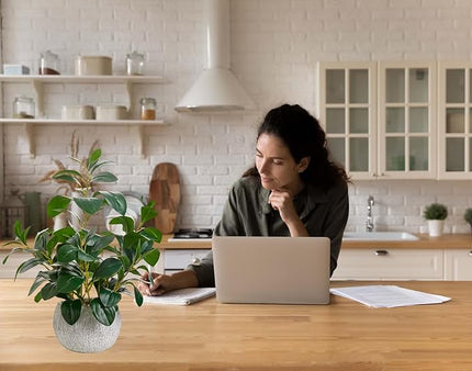 AlphaAcc 17.8 Inch Artificial Ficus Plant Potted Faux Greenery in Gray Round Vertical Striped Cement Planter with Pebbles Realistic Fake Plant for Indoor Modern Home Kitchen Living Room Office Decor