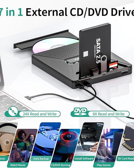 CD DVD Drive External, Portable CD DVD Driver +/-RW Burner with 2.5" SATA,SD Card Reader and USB A Type C 2.0 Hub Compatible with Laptop PC