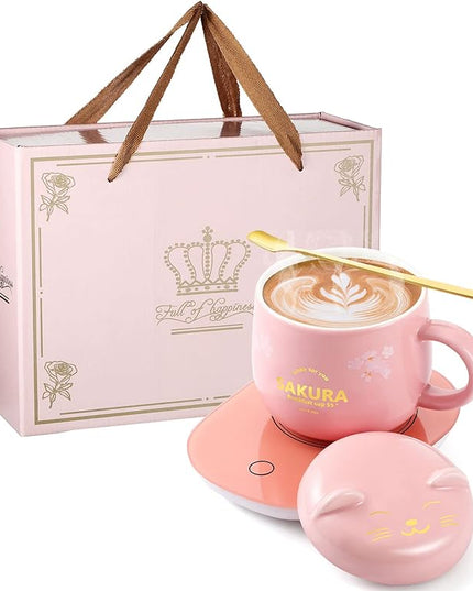 Honeydak Coffee Mug Warmer Cute Cat Mug Set Cup Warmer Christmas Gifts for Women Heated Coffee Warmers for Mom Home Office Desk Valentine's Day Anniversary Birthday Gifts(Sakura,Pink)