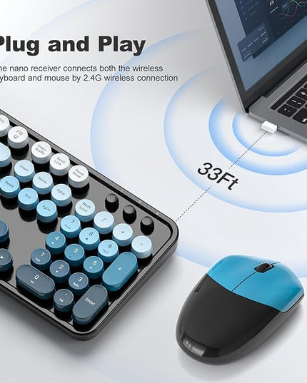MOFII Wireless Keyboard and Mouse Combo, Full Size 2.4G Plug and Play Typewriter Retro Round Computer Keyboard and Mouse Set for Windows, Computer, Desktop, PC, Notebook - (Black Blue Gradient)