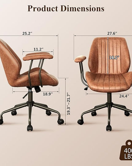 Mid Century Modren Office Chair - Fuax Leather Suede Brown Executive Chairs Ergonomic Mid Back with Lumbar Support, Swivel Computer Desk Task Chair with Wheels for Home Office (Brown, Mid Back)
