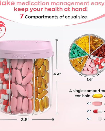 Pill Dispenser with 7 Large Compartments, Pill Bottle Organizer for Travel, Supplement Organizer with Anti-Mixing Design, BPA-Free Pill Container with 20 Pcs Labels, Pink + Black