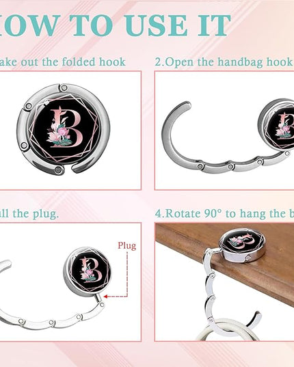 Pink Initial Foldable Purse Hook, Flower Letter Handbag Hanger, Women's Bag Hanger Hook, Round Purse Table Hook, Funny Desk Hook Gift for Family Colleague Friend Office Worker (Flower B)