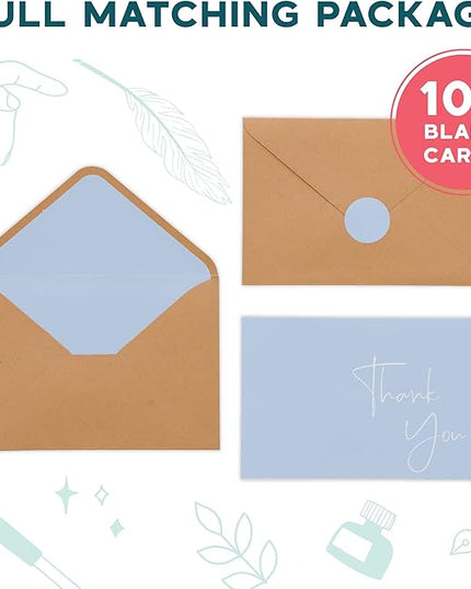 VNS Creations Thank You Cards With Envelopes Bulk Set & Stickers - 100 Pack 4x6 Blank Thank You Notes Bulk Box Set - Large Note Card Small Business, Wedding, Baby Shower & Bridal Shower - Light Blue