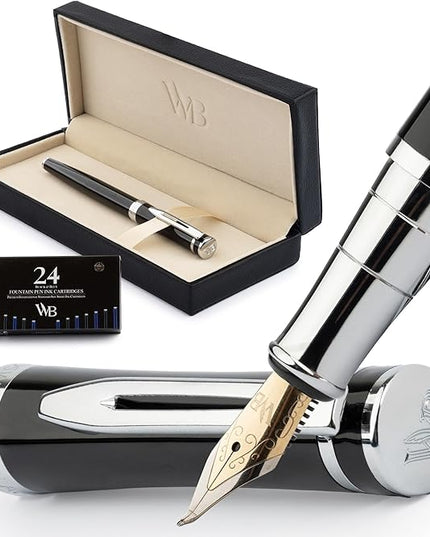 Wordsworth & Black Fountain Pen Set, Bent Nib, Includes 24 Pack Ink Cartridges, Ink Refill Converter & Gift Box, Chrome Finish, Calligraphy, [Black Chrome], Perfect for Men & Women