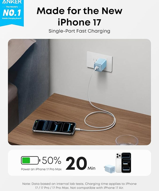 Anker Nano Charger, 47W 2 Port Compact Foldable GaN USB C Charger for iPhone 17/16, Galaxy, Pixel, Compatible with MagSafe (Blue)