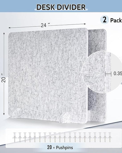 2 Pack Acoustic Desk Dividers - 24" x 20" Freestanding Privacy Panels Set with Noise - Reducing Design Cubicle Sound Proof, Ideal for Office, Classroom, and Home (Silver Gray)