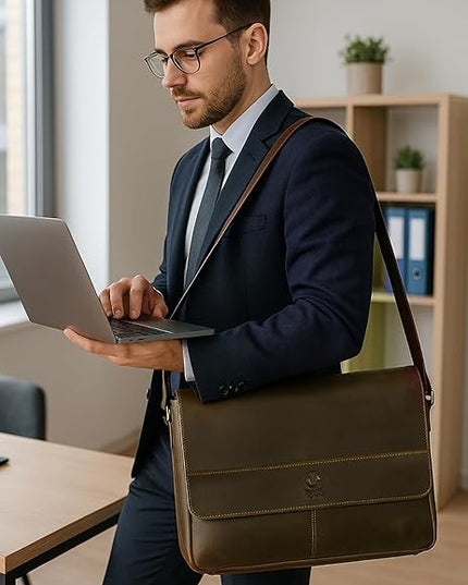 Leather Messenger Bag for Men 14" Leather Laptop Bag Vintage Crossbody Office Satchel Travel Shoulder Bag